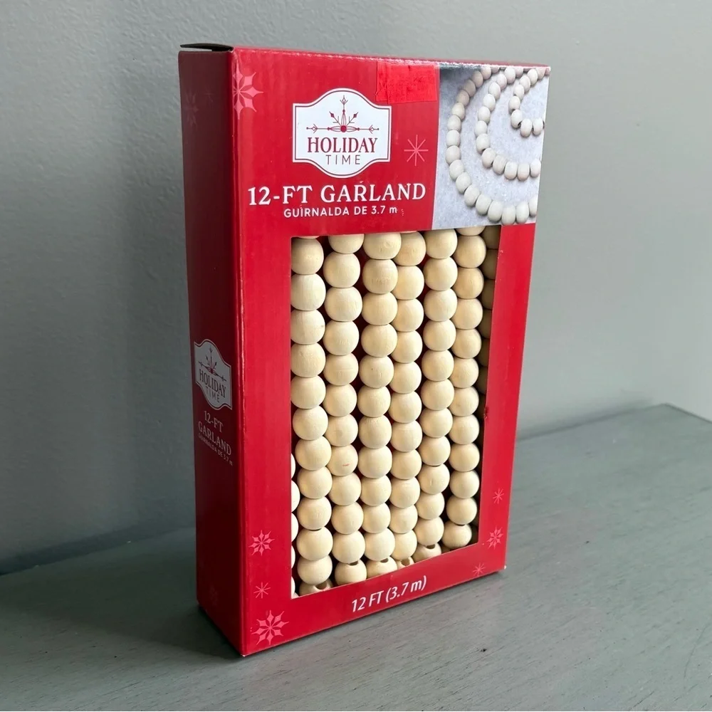 Holiday Time Natural Wood Bead Garland 12 Foot 3.7 M NEW